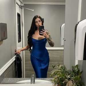 Hello Molly Blue Slip Midi Dress with Cowl Neck